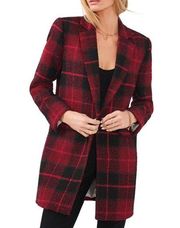 1. State Long Plaid One Button Blazer in Black and Fuchsia