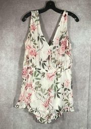 J for Justify | White Pink Floral V-Neck Ruffle Romper | Size Large