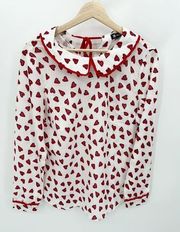 Allegra K White Red Heart Print Collared Sheer Top Women's Size Small S