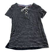 Tommy Hilfiger Shirt Womens Small Black White Stripe Short Sleeve Lace-Up Cotton