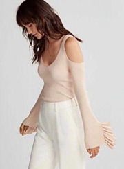 EXPRESS  Cold Shoulder Ribbed V-Neck Bell Sleeve Sweater - Blush - size M