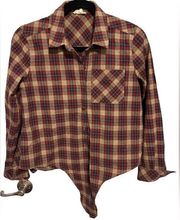 Hem & Thread Brown & Red Plaid Long Sleeve Button Up with Tie Front Size Small