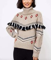 Lou & Grey For Loft Beige Long Sleeve Turtleneck Fair Isle Fringe Sweater Size S