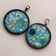 Pair of Handmade Decoden Blue Charms Wooden Cabochon Pendants