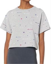 Gray Multi Scattered Logos Relaxed Boxy Fit Cropped Tee XL