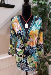 Melissa Paige Womens Multicolor Floral Polyester V Neck Long Sleeve Top Blouse L