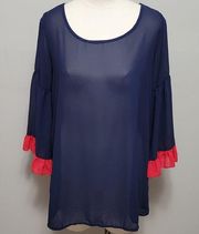 By Together blue red ruffle sheer tunic  blouse size large