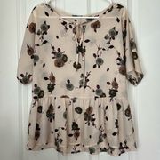 Rokoko Light Pink Floral Peplum Top with Tie Neck - Size small