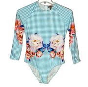 6 Shore Road Swim Suit Womens Large Blue White Sweel Surfsuit Peony Gingham