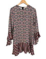 Beulah London Silk Geometric Crew Neck Bell Sleeve Shift Tunic Dress Top Size 10