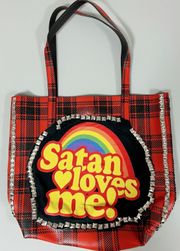 Red Black Plaid Checkered ‘Satan Loves Me’ Punk Patch Leather Studded Spiked Tote Shoulder Bag Pocketbook Purse Handbag Satchel 😈🌈