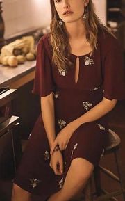 Anthropologie Moulinette Soeurs Burgundy Wine Beaded Firefly Dress sz 2