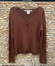 Max Studio Brown Cardigan w/Beaded/Eyelet/Ruffle Hem Detail. Size Small.  EUC!