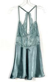 California Dynasty Vintage Y2K Teal Silky Lace Cutout Chemise Tank Dress Small S