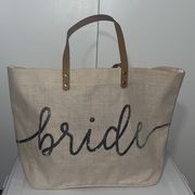 Women’s Mud Pie BRIDE Sequin Jute Tote & Leather Handles Silver Sequin Script