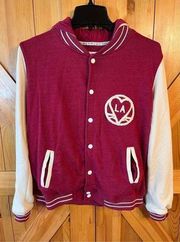 LA Hearts Jacket Large Red Hooded Long Sleeve Button Front Varsity Preppy (2040)