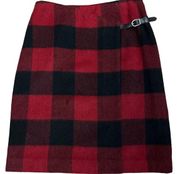 Evan Picone buffalo check wrapped skirt with leather buckle tie at side size 8