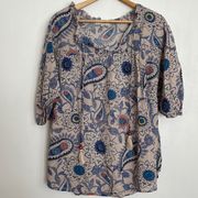 Easel Floral Linen Blend Boho 3/4 sleeve Tunic Top.