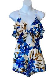 Solemio blue floral key hole tie front romper