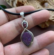 Titanium Aura Druzy & Pink Tourmaline Pendant Necklace