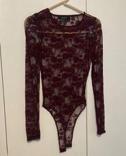 Forever 21  Red Color Sheer Floral Lace Long Sleeve Body Suit Women’s Size Small