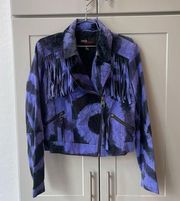 Vintage Miss Sixty 60 Tie Dye Purple Black Leather Suede Fringe Cropped Jacket