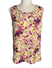 Halogen Sleeveless Tank Top Shell M Cream Purple Floral Round Neck Curved Hem