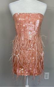  ANASTASIA FEATHER SEQUIN STRAPLESS MINI DRESS IN PEACH