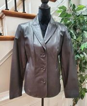 East5TH Women's Black Genuine Leather Long Sleeve Single Breasted Blazer Size M