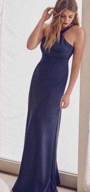 Xscape Navy charmeuse halter sheath gown #XS9708