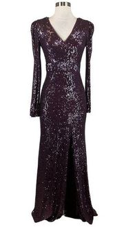 Women's Formal Dress Size 6 Purple Sequined Long Sleeve Thigh Slit Gown