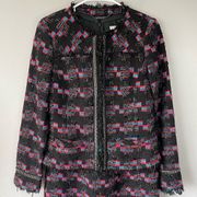 Trina Turk Tweed Jacket 2 Womens Multicolor Pockets Fringe Long Sleeve