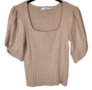 LUSH Puff Sleeve Ribbed Knit Square Neck T-Shirt Oatmeal S Neutral