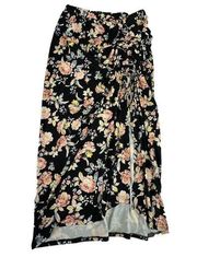 Floral Skirt Women Size Small Gathered Split Black Hi-Low