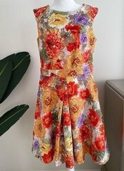 Danny & Nicole Sleeveless Gold Floral Pleated Pocket Flare Midi Dress 10 Large