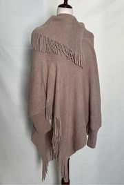 Do Everything in Love Fringe Knit Sweater Shawl with Long Sleeves Tan Beige OS
