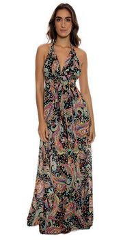 NWOT Luli Fama Gypsy deep plunge halter maxi dress sz S