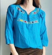 Vintage Ethnic Blouse Huipil Style Embroidered Cotton Teal BLue S/M Fit Womens