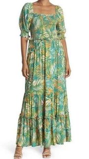 Betsey Johnson Large Maxi Dress Square Neck Puff Sleeves Tropical Pepper Green