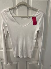 NWT  Mini Rib Wide Neck White Long Sleeve Shirt