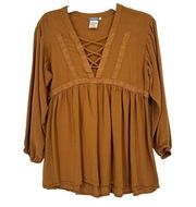 Earthbound Trading Co Peasant Top Brown Boho Lace Long Balloon Sleeves Size M