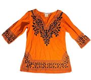 Gretchen Scott Navy Blue Orange Floral Embroidered Tunic Top Blouse S. EUC