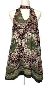 Olive Green Pink Batik Tile Print Shift Dress