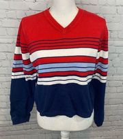 MARSH LANDING Sweater Vintage V Neck 100% Cotton Striped Red/Blue/White-Medium