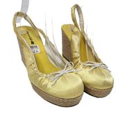 American Eagle Yellow White Pin Striped Coquette Bow Sling Back Wedges Size 9.5