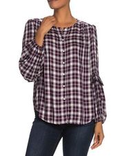 Max Studio Plaid Ruffle Sleeve Top Button