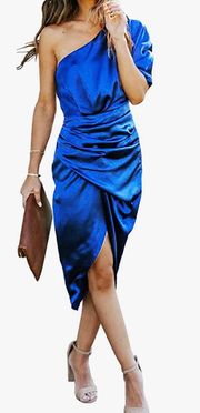 Blue Silk One Shoulder Dress