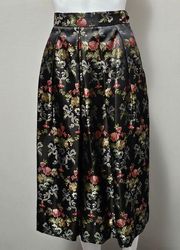 Vintage Susan Bristol 80s Black Floral Jacquard Satin Pleated Midi Skirt Size 10