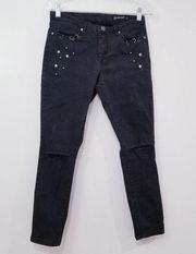 Blank NYC Intro Black Denim Destroyed Star Studded Pierced Skinny