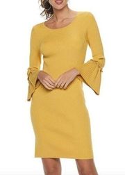 NEW NWT NINA LEONARD Bell Sleeve Ribbed Sweater Dress Mustard Yellow Knee Length